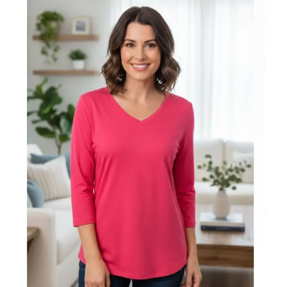 Pure Amici T-Shirt NWT Pink Button V Neck Long Sleeve Bamboo Womens Size L